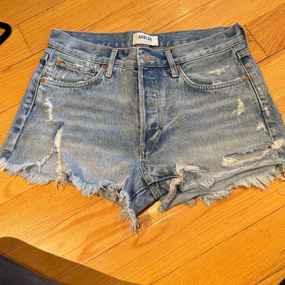 Agolde Light Blue Distressed Denim Jean Shorts